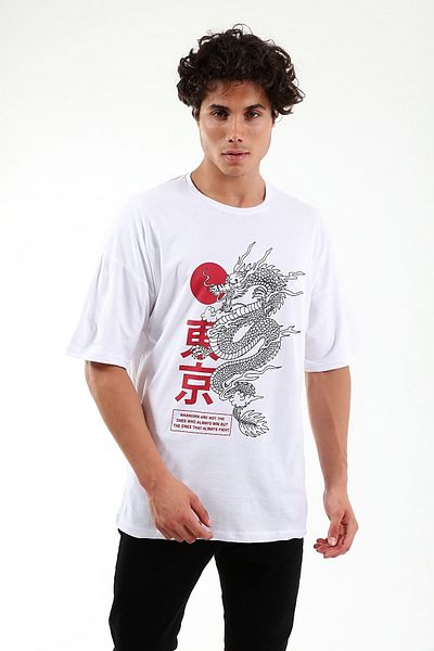 Mad&Calf Λευκό μπλουζάκι Unisex Oversize Warriors με στάμπα