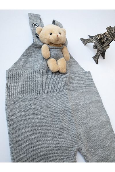 gogo bici Teddy Bear Buttoned Baby Kids Knitwear Salopet Gray