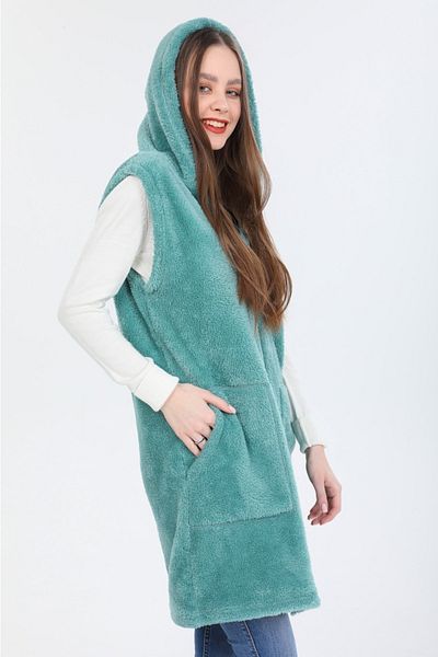 MODA VUSLAT Vestă de damă verde mentă lungă cu fermoar fleece