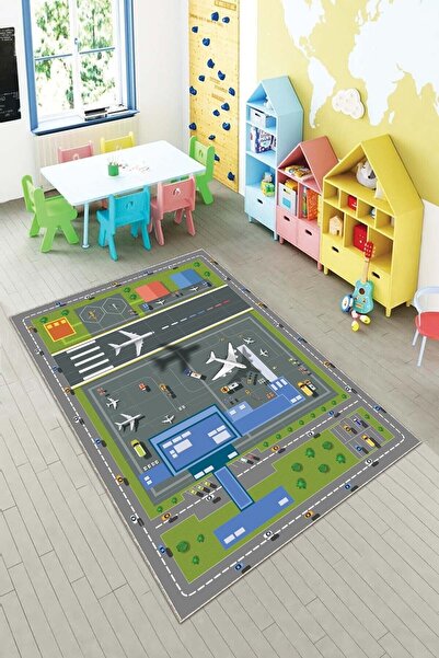 Pelangi Gri Havalimanı Ve Uçak Desenli Yıkanabilir Kaymaz Taban Leke Tutmazbe...