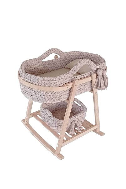 Babycom Naturel Izgaralı Ahşap Çemberli Beşik Standı + Bej Örgü Sepet