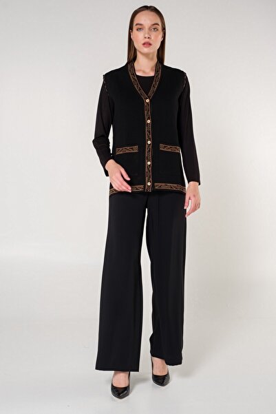 Uludağ Triko Black Kilim Banded Buttoned V-Neck Vest