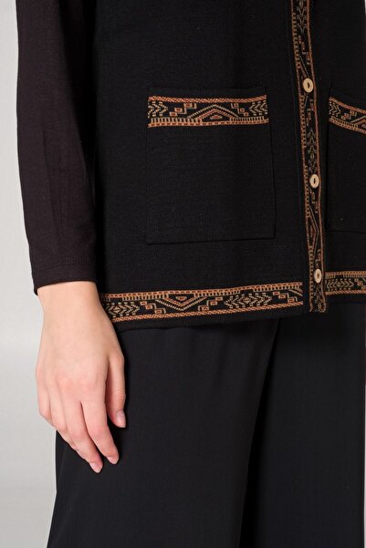 Uludağ Triko Black Kilim Banded Buttoned V-Neck Vest