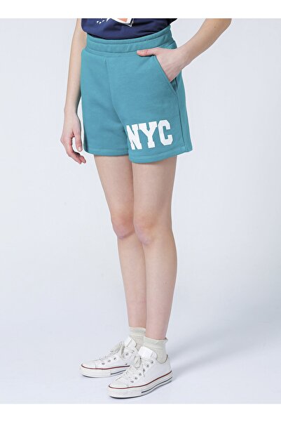 LİMON COMPANY Limon Viking Lastikli Standart Kalıp Baskılı Yeşil Kadın Şort