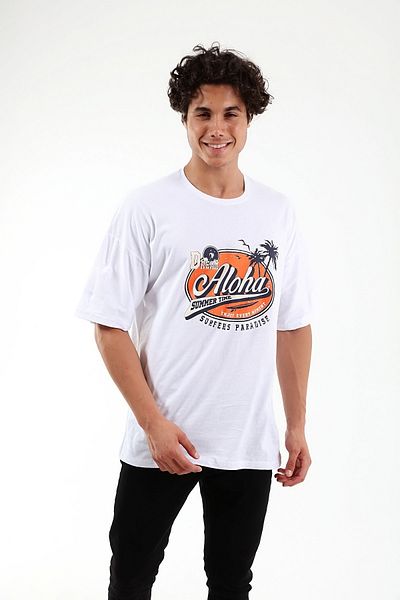 Mad&Calf Unisex Oversize Aloha εμπριμέ λευκό μπλουζάκι