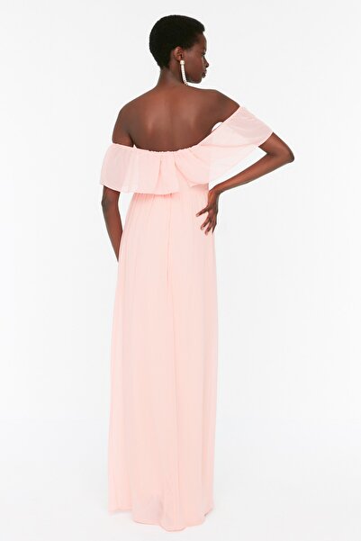 Trendyol Collection Τριαντάφυλλο αποξηραμένο με δαντέλα Λεπτομερές μακρύ βραδινό φόρεμα σε κοπή - TPRSS22AE0056