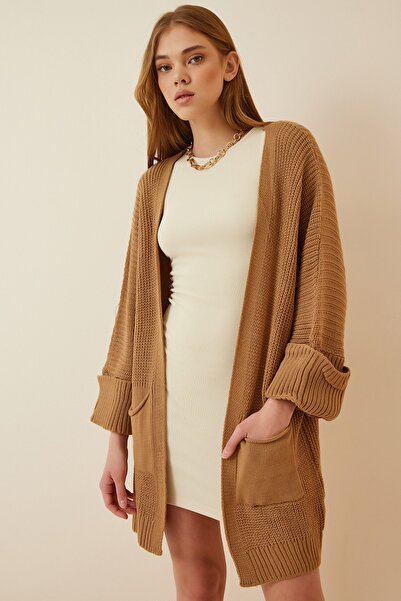 Happiness İstanbul Women's Biscuit Oversize Long Pocket Knitwear Cardigan ASH...