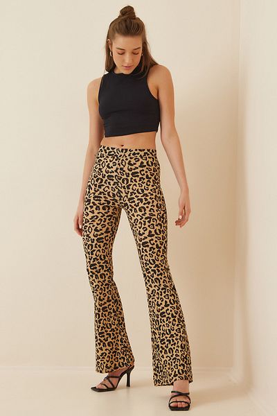 Happiness İstanbul Women's Beige Black Patterned Flare Leg Knitted Trousers GT00179