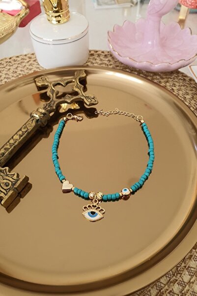 Trendy Butik Turkuaz Boncuklu Kalp, Göz Ve Nazar Aparatlı Halhal