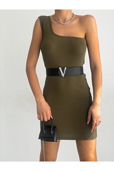 ladyzey Rochie mini kaki din țesătură cu un singur umăr pentru femei