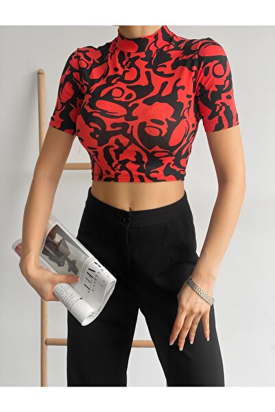 ladyzey Жіночий кроп-топ з червоним хвилястим візерунком - короткий рукав