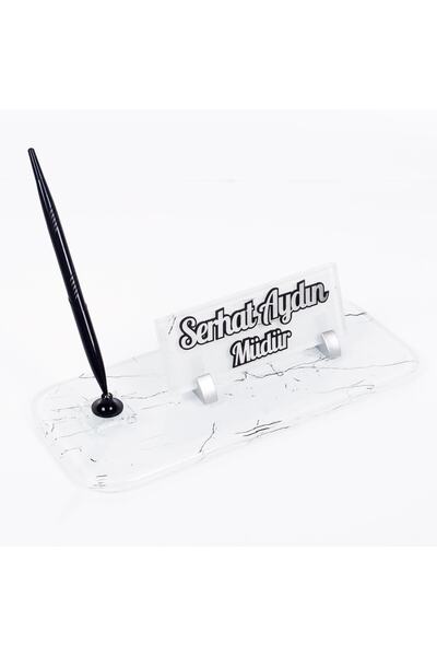 Ofistike Mermer Desenli Siyah Kalemli Ofis Isimlik Hediye Masa Isimliği