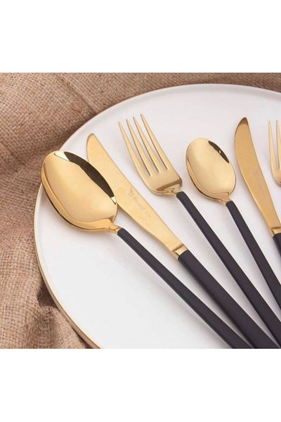 BRONDOFF Black Gold 36 Piece Fork Spoon Knife Set for 6 People