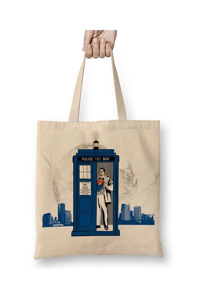 Baskı Dükkanı Geantă din pânză Superman Tardis cu mâner lung