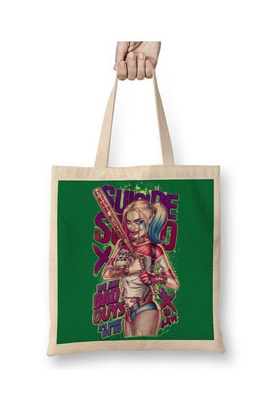 Baskı Dükkanı Geantă din pânză Harley Quinn We Are Bad Guys cu mâner lung