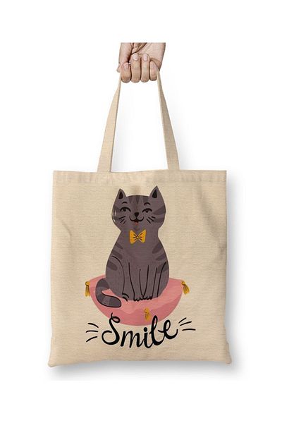 Baskı Dükkanı Geantă din pânză Smile Cat Cat cu mâner lung