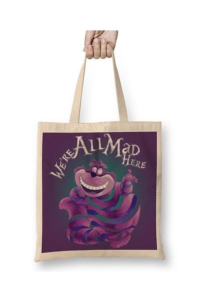 Baskı Dükkanı Είμαστε όλοι τρελοί εδώ The Cheshire Cat Cat υφασμάτινη τσάντα με μακριά λαβή