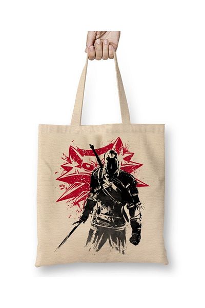 Baskı Dükkanı Υφασμάτινη τσάντα Witcher Wolf Silhouette με μακριά λαβή