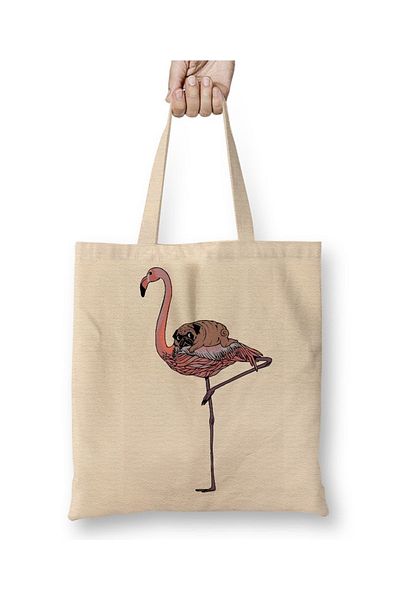 Baskı Dükkanı Υφασμάτινη τσάντα Flamingo Pug Dog με μακριά λαβή