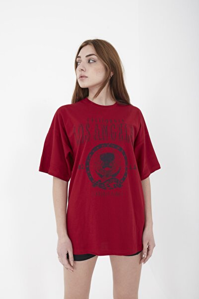 Mad&Calf Unisex Oversize Los Angeles Printed Red T-shirt