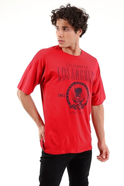 Mad&Calf Unisex Oversize Los Angeles Printed Red T-shirt