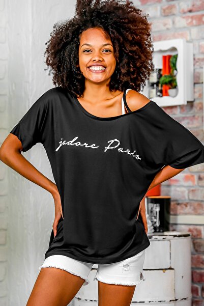 Chiccy Γυναικείο μαύρο μπλουζάκι με λαιμόκοψη Παρίσι με εμπριμέ λουράκι Λεπτο...