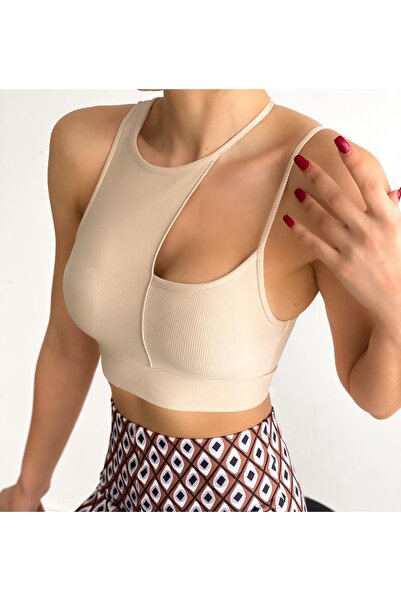 alenmoda Crop de damă, cu bretele asimetrice, bej