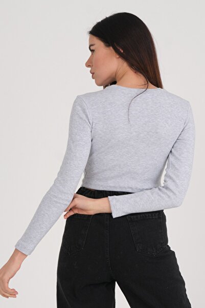 PUNKY CAT Women's Gray Long Sleeve Crop Blouse