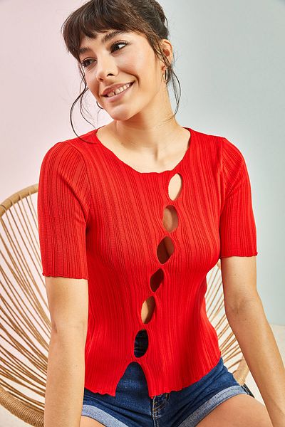 Bianco Lucci Damen-Strickbluse mit Rundmuster