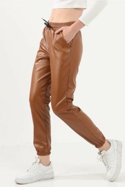 shopshop Women's Tan Elastic Leg Faux Leather Trousers Jogger