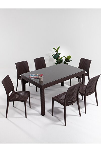 Modalife Rattan 6 Kişilik Camlı Masa Takımı - Kahve