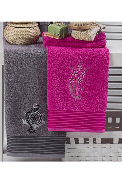 B2B Plus Σετ Οικογενειακό Μπουρνούζι 100% Βαμβακερό Κεντητό 4 τεμαχίων | Σετ μπουρνούζι | Σετ προίκας | Φούξια | Ανθρακίτης