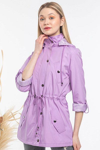 fehika Lilac Short Waist Lace up Hooded Lined Ultra Light Trench Coat Raincoat with Water Repellent Features