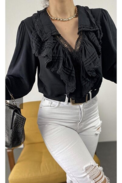 FancyWorld Bluză din bumbac cu volane, cu detaliu din guipur și dantelă de cu...