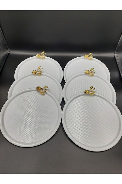 süslühome Round 6-Piece Elegant Presentation Serving Tray with White Dots and Japanese Roses