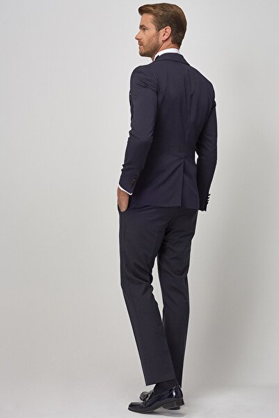 ALTINYILDIZ CLASSICS Men's Navy Blue-Black Slim Fit Patterned Tuxedo Groom Suit