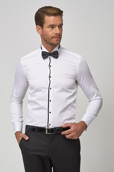 ALTINYILDIZ CLASSICS Herren-Bräutigam-Hemd in Weiß-Schwarz mit Ata-Kragen, maßgeschneidert, schmale Passform, Slim-Fit