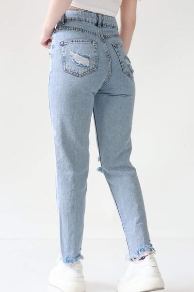 fehika Blugi Mom din denim, de damă, albaștri, spălați cu zăpadă, rupti, detaliați, cu un singur genunchi