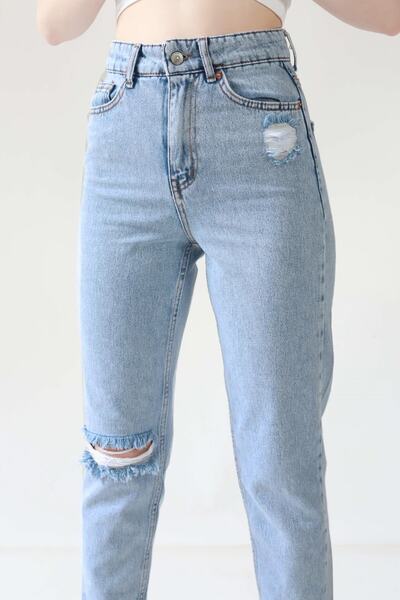 fehika Blugi Mom din denim, de damă, albaștri, spălați cu zăpadă, rupti, detaliați, cu un singur genunchi