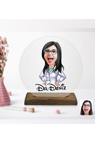Bk Gift Kişiye Özel Kadın Doktor Karikatürlü Yuvarlak Ahşap Standlı Biblo-1