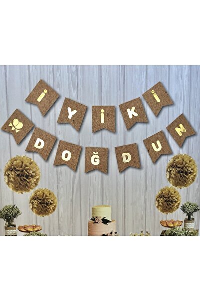 Parti dolabı Kraft Karton Üzeri Gold Altın Sarısı Yaldızlı Iyiki Doğdun Yazıl...