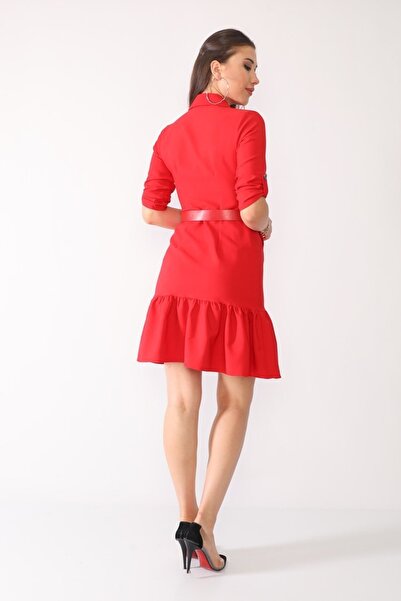 etselements Γυναικείο φόρεμα γραφείου με κόκκινη ζώνη με λεπτομέρεια τσέπης και κουμπιού