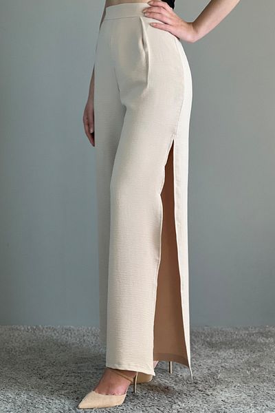 Jaglion High Waist Women's Beige Trousers with Side Slits