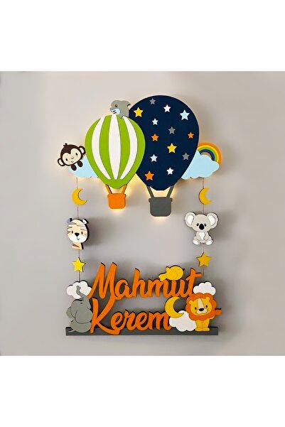 Atölye Selçukum Balonlu Hayvanlı Işıklı Bebek Ahşap Kapı Süsü