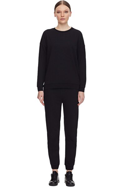 QUO Jıana Triko Detaylı Bol Kesim Siyah Jogger Pantolon