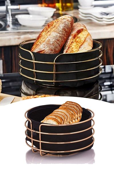 Maksipazar Round Metal Gold Bread Bowl Black Fabric Lux Decorative Bread Basket