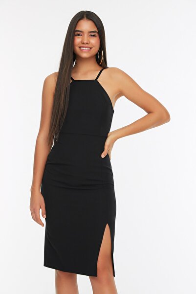 Trendyol Collection Midi šaty s ohlávkou - černá tužková sukně s rozparkem a zavinováním TWOSS19BB0501