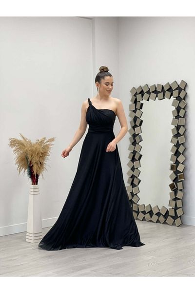 giyimmasalı One Shoulder Glitter Tulle Dress - Black