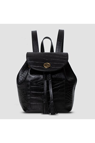 PİRCİ Freya Medium Croco Dokulu Deri Kadın Sırt Çantası Siyah