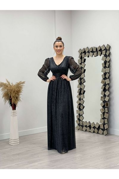 giyimmasalı Φόρεμα Glitter Fabric Collar Gathered Λεπτομερές Φόρεμα - Μαύρο